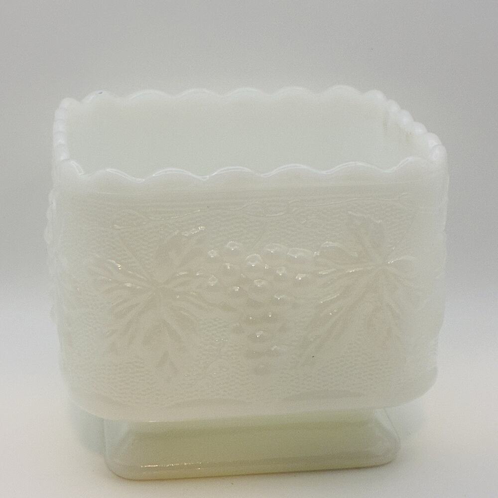 Vintage White Milk Glass Vase Square Embossed Grape Vine Pattern Decor